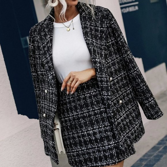 Black Plaid Print Double Breasted Blazer & Skirt - Picture 1 of 5